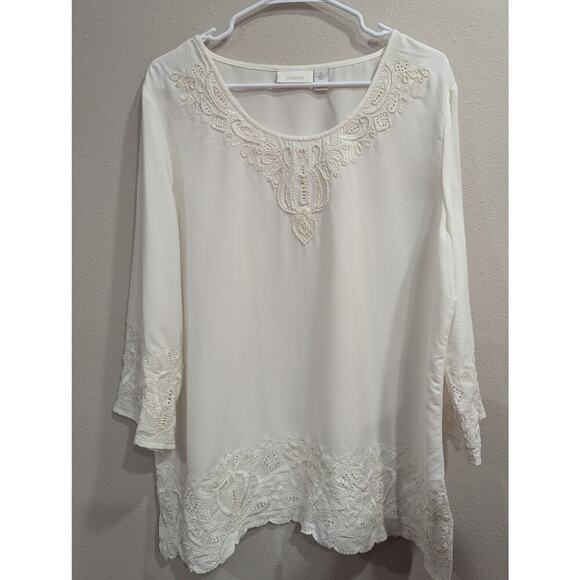 Pretty white blouse w/long sleeves and embroidery & beaded detail by Chicos 3 - Picture 1 of 7